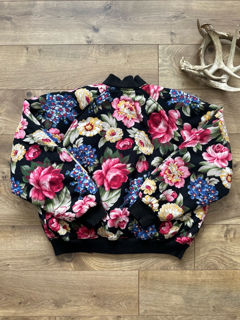 Vintage Lizwear Floral Bomber Jacket Black Pink Statement | Medium - Picture 4 of 5